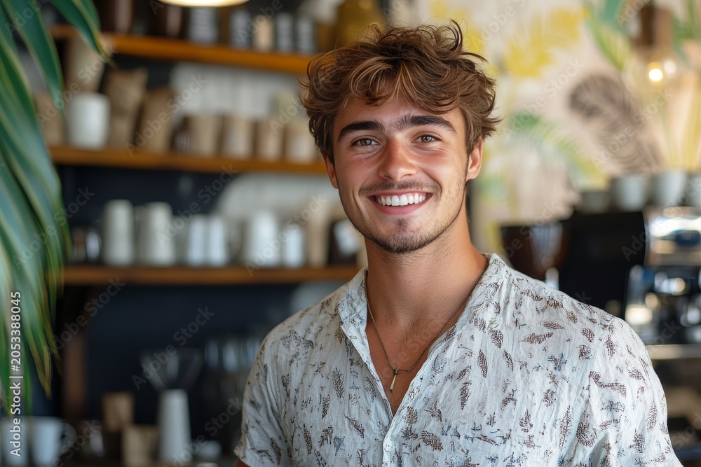 Obraz premium Young man with curly hair smiles broadly while wearing a patterned shirt in a cafe.