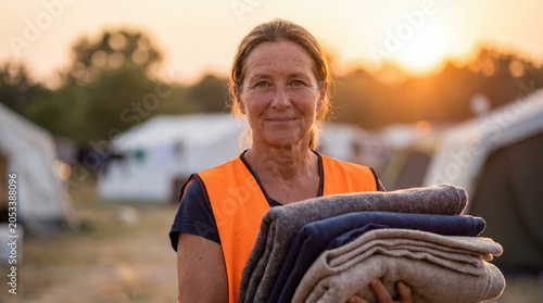 World Refugee Day volunteer woman holding blanket showing humanitarian care warmth compassion support for charity awareness campaign poster design