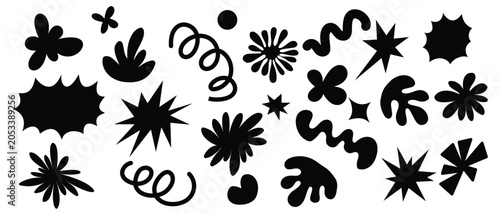 Collection of hand-drawn abstract black doodle shapes, organic blobs, starbursts, and wavy scribble elements isolated on a white background vector.