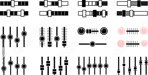 Tableau sur toile Audio mixer slider fader level console volume equalizer sound control icon set
