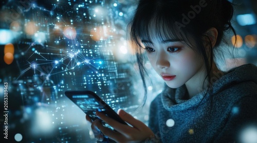 Young East Asian Woman Using Smartphone with Futuristic Digital Network Overlay