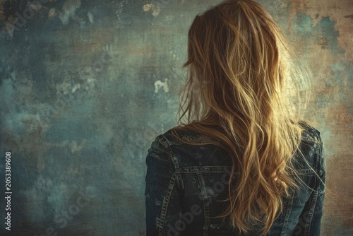 Back View of Blonde Woman in Distressed Denim Jacket Against Grunge Wall