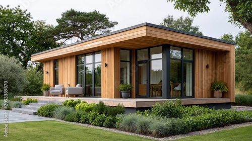 modern elevated wooden house surrounded by organic vegetable garden, sustainable living concept, eco friendly architecture, realistic countryside lifestyle photography