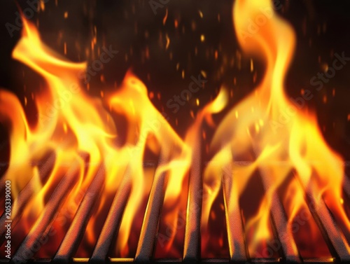 Glowing Flames Over Black BBQ Grill Grate Closeup