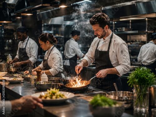 Professional team of chefs working together in a premium open restaurant kitchen during dinner service.