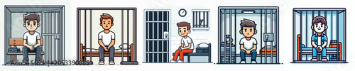 Фотография Prisoner in jail cell cartoon character set, sad young man behind prison bars ve