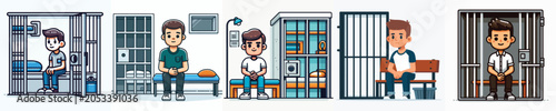 Fotografie Male prisoner in jail cell cartoon character set, sad man behind bars vector ill