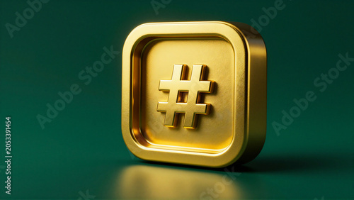 Golden 3D Hashtag Icon for Digital Communication and Social Media