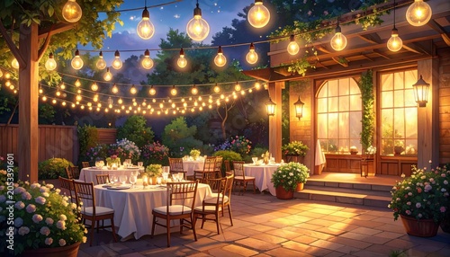 Magical Evening Wedding Reception Outdoor Garden Party with String Lights and Tables