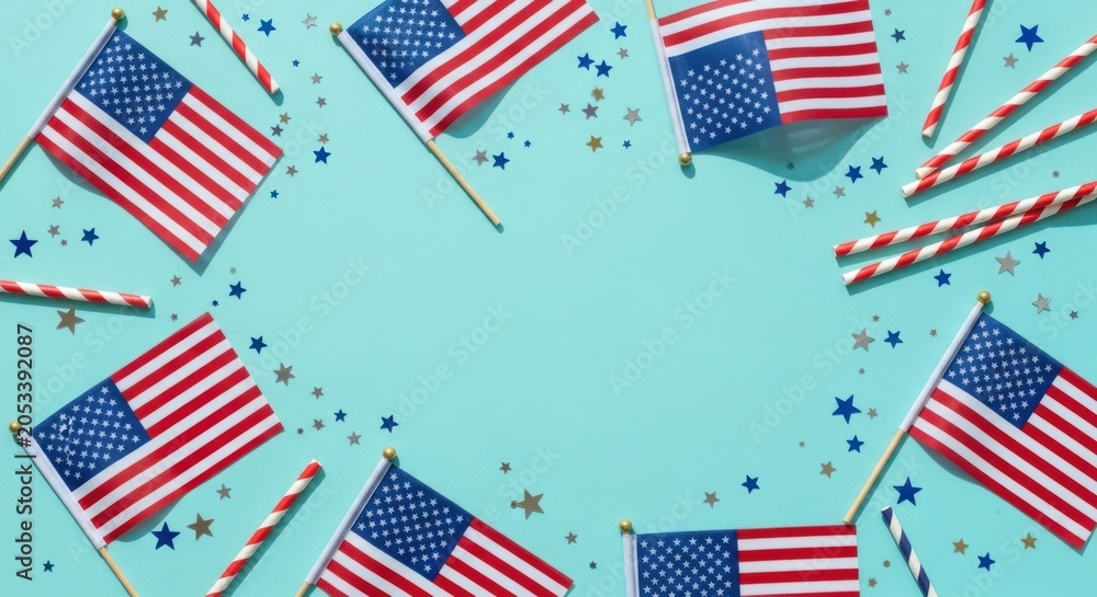 Obraz premium American flags with patriotic straws and stars on green background