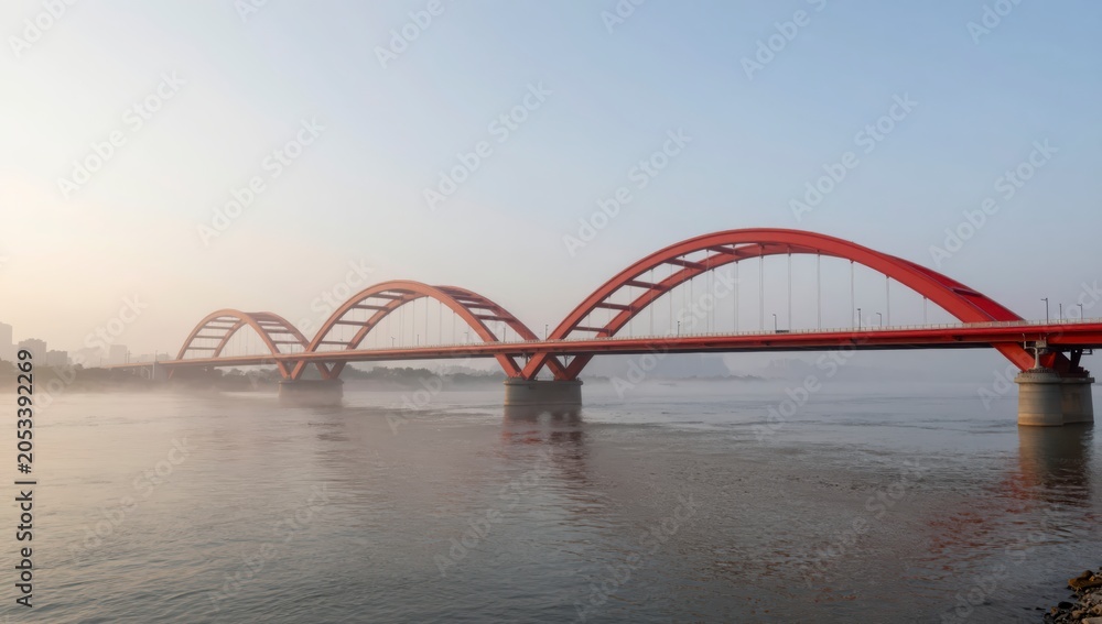 Fototapeta premium Red arched bridge over calm water at sunrise with misty fog in serene landscape
