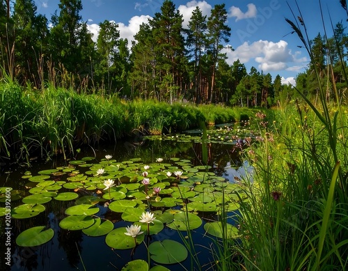 Serene pond with lily pads reflects a vibrant forest under a partly cloudy sky. Lush green reeds frame the water