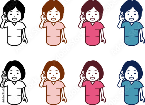 [髪型・色違い] スマホで電話する女性看護師のアイコン。その2