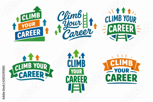 Vector illustration set of climb your career typography logos. Signs. And labels. Featuring ascending arrows. Stairs. And ladders. Symbolizing professional growth. Promotion