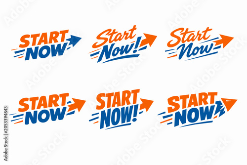 Start now emblems and badges conveying urgency and motivation with dynamic arrows, bold lettering and fast graphic styles for calls to action, apps, marketing and web design