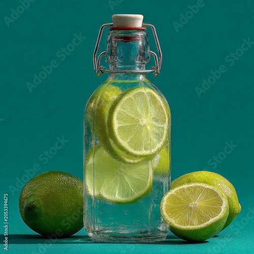 Fresh lemonade in rustic glass bottle with limes on teal background