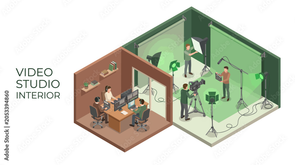 Fototapeta premium Isometric illustration of a video studio interior with a production team filming and a control room with a director and crew