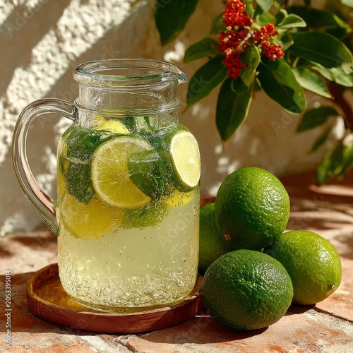 Refreshing homemade lemonade in glass pitcher with fresh limes on rustic wooden table