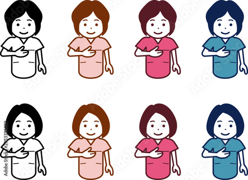 [髪型・色違い] お任せくださいと胸に手を当てる女性看護師のアイコン。その2