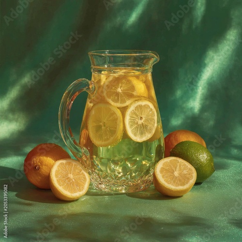 refreshing lemonade pitcher with lemons and oranges on green background