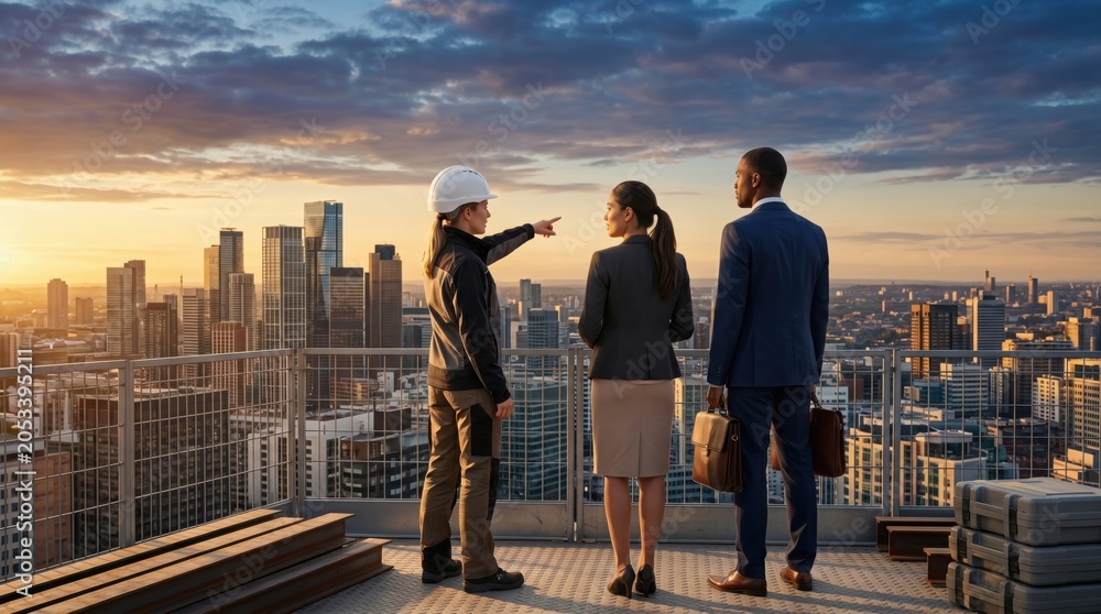 Fototapeta premium Construction team discussing urban development project on rooftop at sunset, engineer pointing at city skyline, architects and investors planning real estate, business meeting