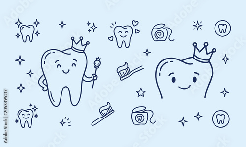 Vector doodle set of tooth mascots with dental care elements.