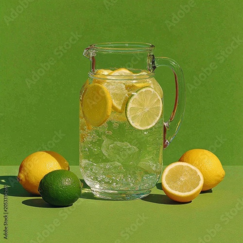 refreshing lemonade pitcher with lemons and lime on green