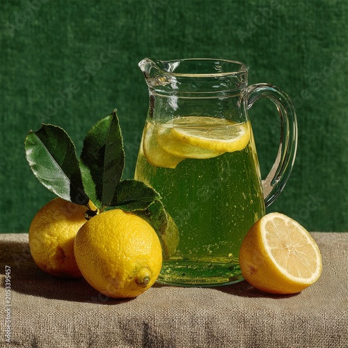 Fresh homemade lemonade in glass pitcher with lemons on rustic table