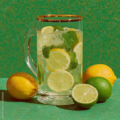 Refreshing homemade lemon lime mint iced drink in glass pitcher on green background