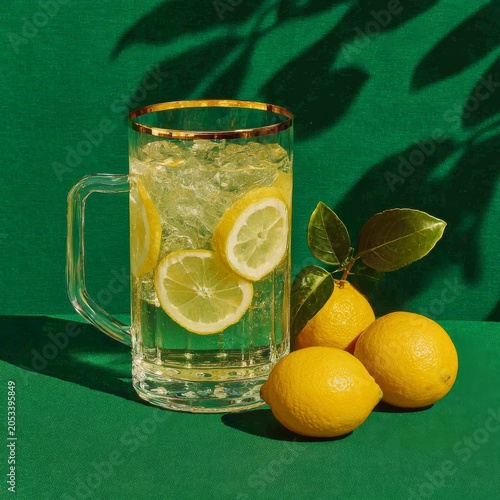 refreshing lemonade pitcher with lemons on green background
