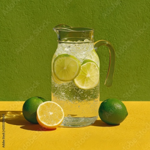 Refreshing homemade lemon lime infused water pitcher with citrus slices on sunny table