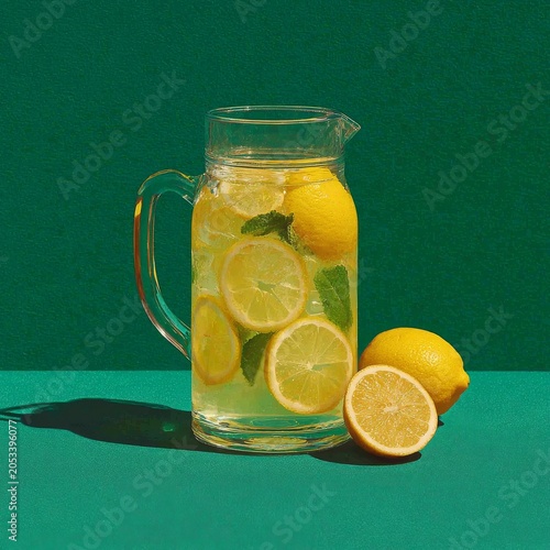 refreshing lemonade pitcher with lemons and mint on green background
