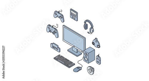 An isometric illustration of various computer gaming hardware and accessories