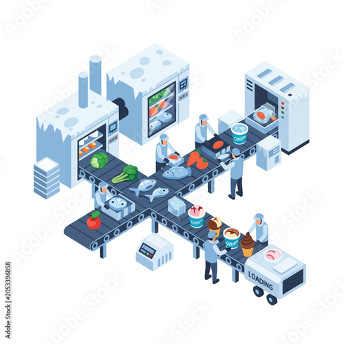 An isometric view of a food processing plant with workers on a conveyor belt system