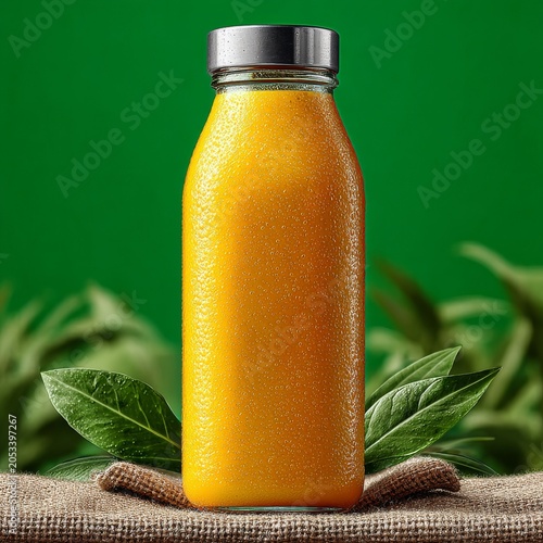 mango smoothie bottle on linen cloth with green leaves
