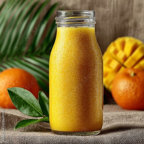 Mango smoothie in a glass bottle on linen cloth with fresh fruits