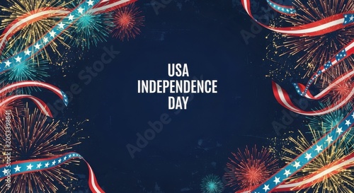 USA Independence Day greeting card banner with festive fireworks and patriotic ribbons on dark background