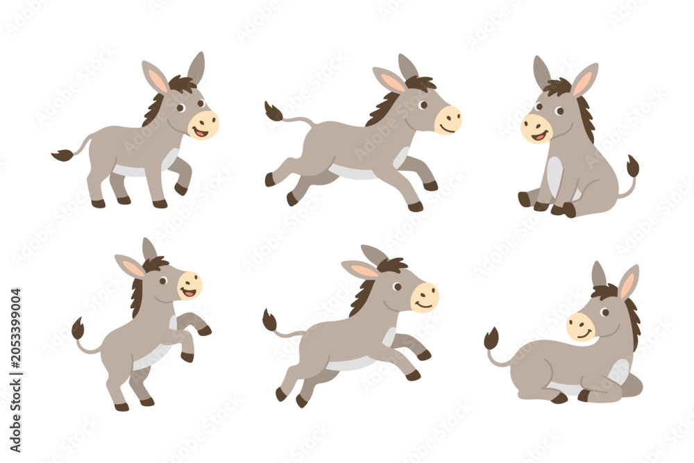 Fototapeta premium Cute Donkey Character Set and Various Poses Mascot Vector Bundle
