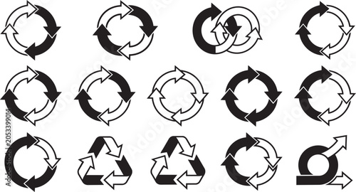 Set of black and white circular arrow vector illustrations for business logic and recycling concepts