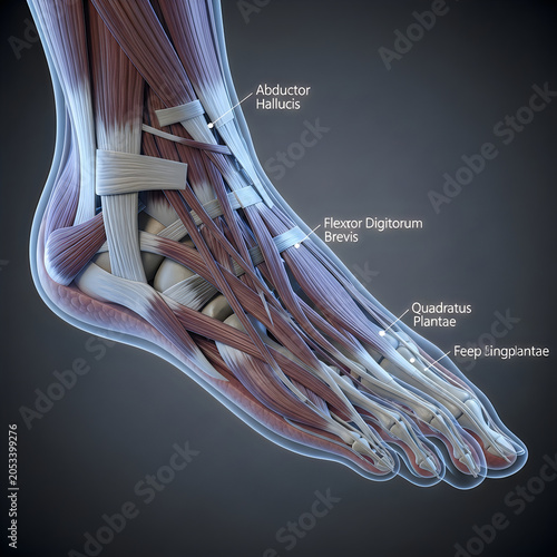 Anatomy of human foot, muscles and tendons, medical illustration, labeled diagram, healthcare education