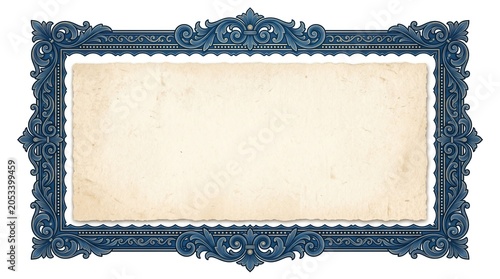 Vintage blue ornate frame with blank beige background