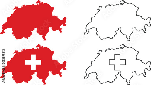 Detailed vector illustration of the switzerland national map shape with various styles and flag symbols