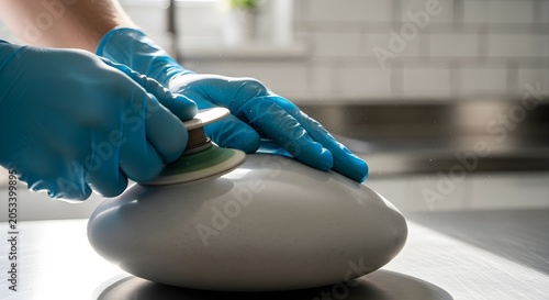 Polishing a White Ceramic Object with Blue Gloves and a Small Grinding Tool