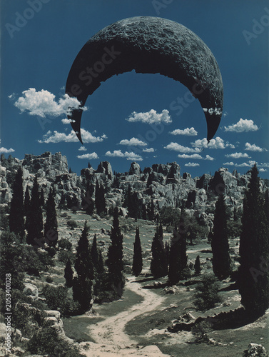 Giant crescent moon hovering over rocky Mediterranean landscape with cypress trees and winding path, surreal concept.