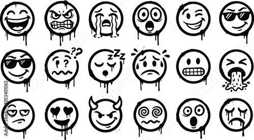 Graffiti style emoticons collection diverse expressions with dripping paint effect