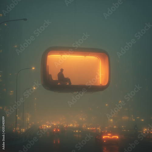 Person sitting alone in glowing futuristic pod floating above foggy city at night.