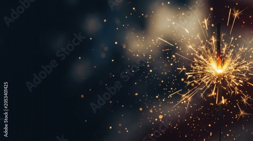 Glowing firework sparkler burning with bright sparks and bokeh lights on dark background copy space