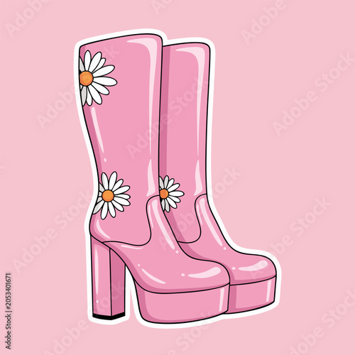 Εκτύπωση καμβά Retro pink platform go-go boots vector illustration featuring daisy floral motif