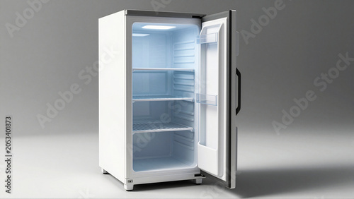 Empty white mini fridge with open door and light inside