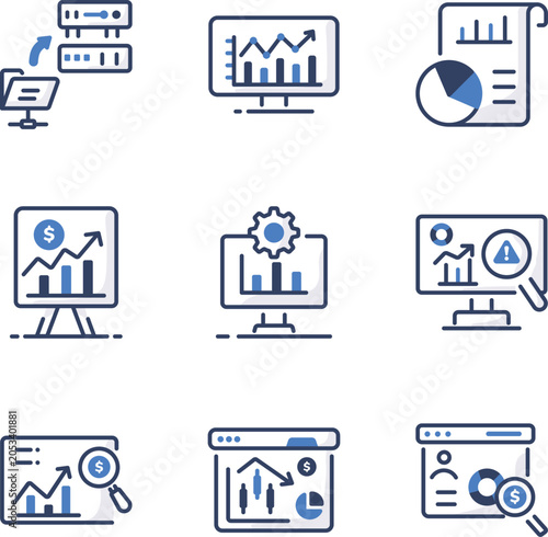 Foto Backup, forecasting, graph analytics, sales tracking, anomaly detection, segmentation line icons